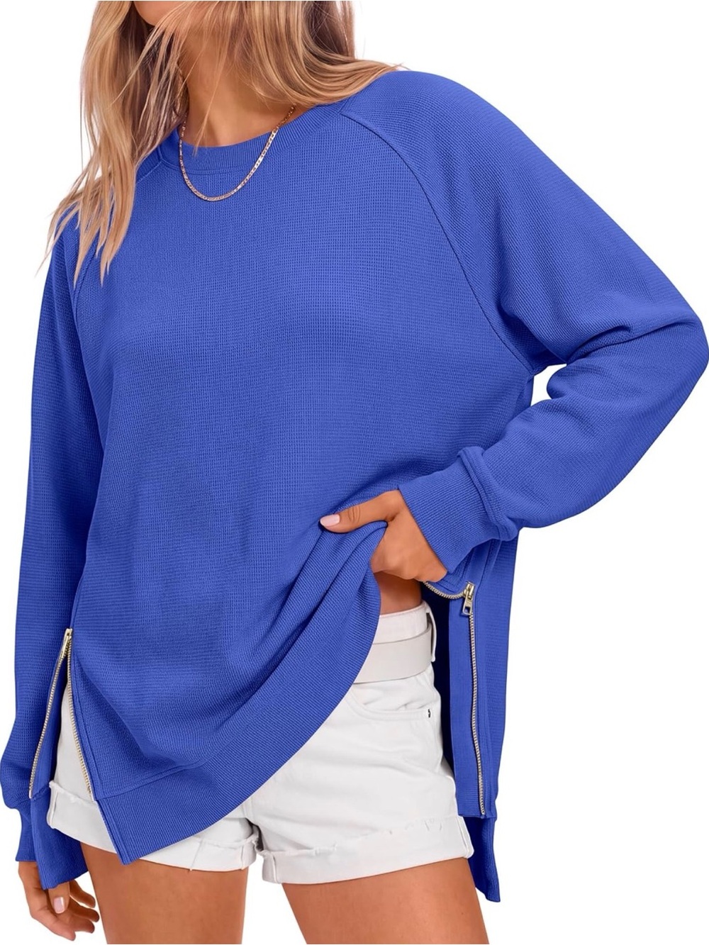 Women’s Crewneck Sweatshirt Side Zipper Accent